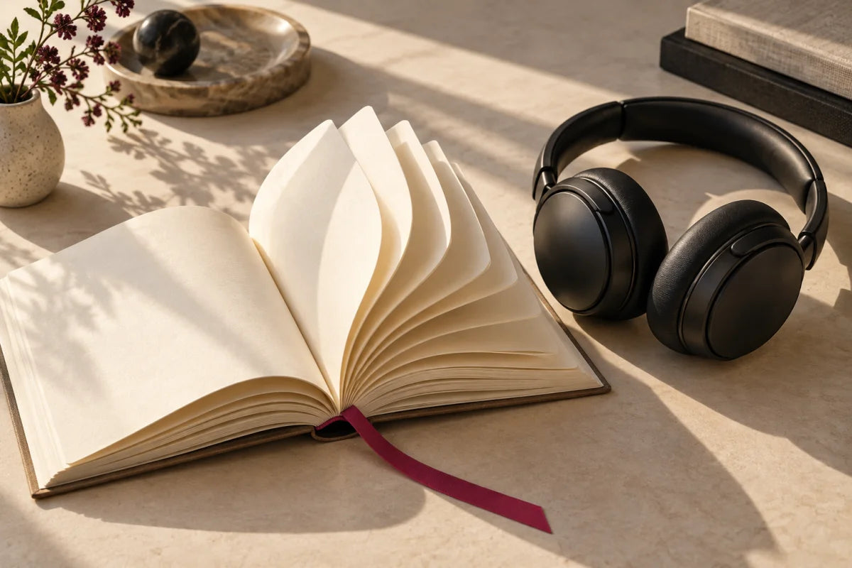 An open journal with wave-like pages beside headphones